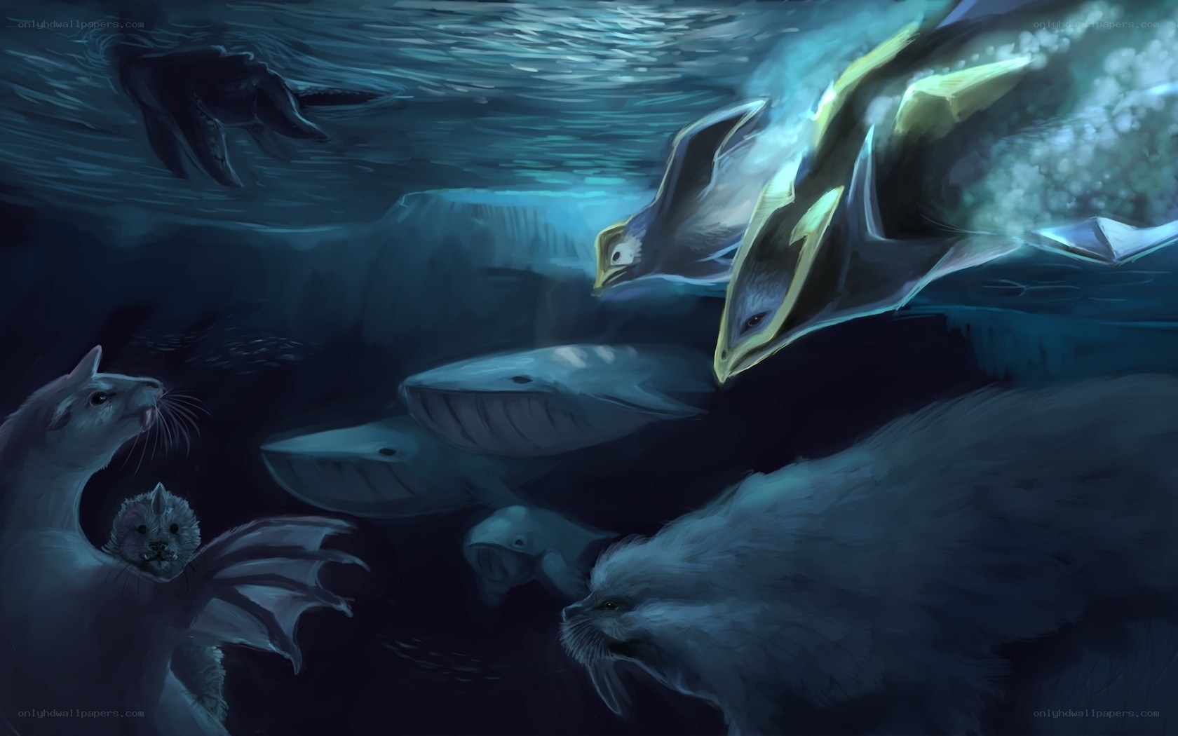 Underwater creatures in a dark sea