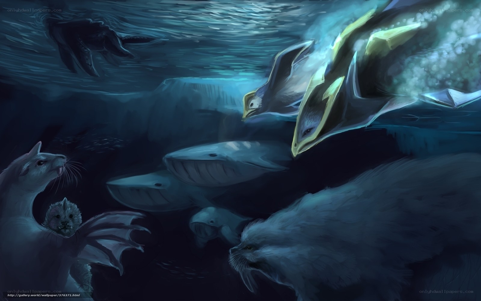 Underwater creatures in dark water