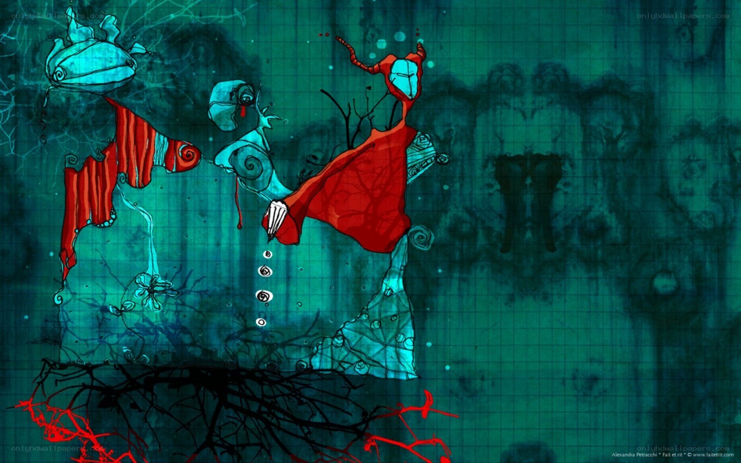 Underwater creatures in red and blue