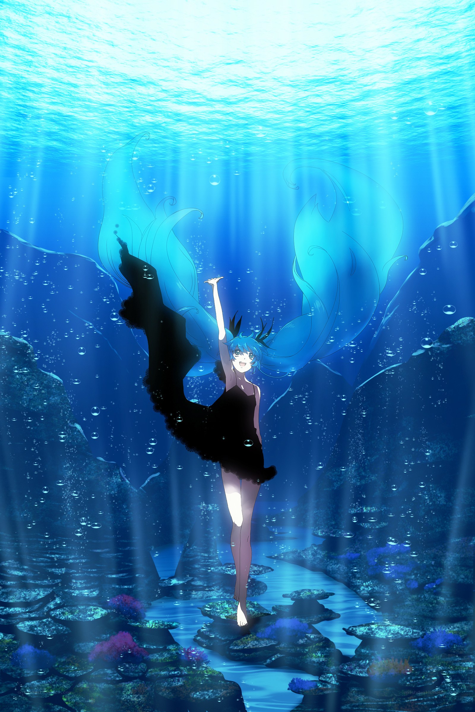Underwater dancer with blue hair
