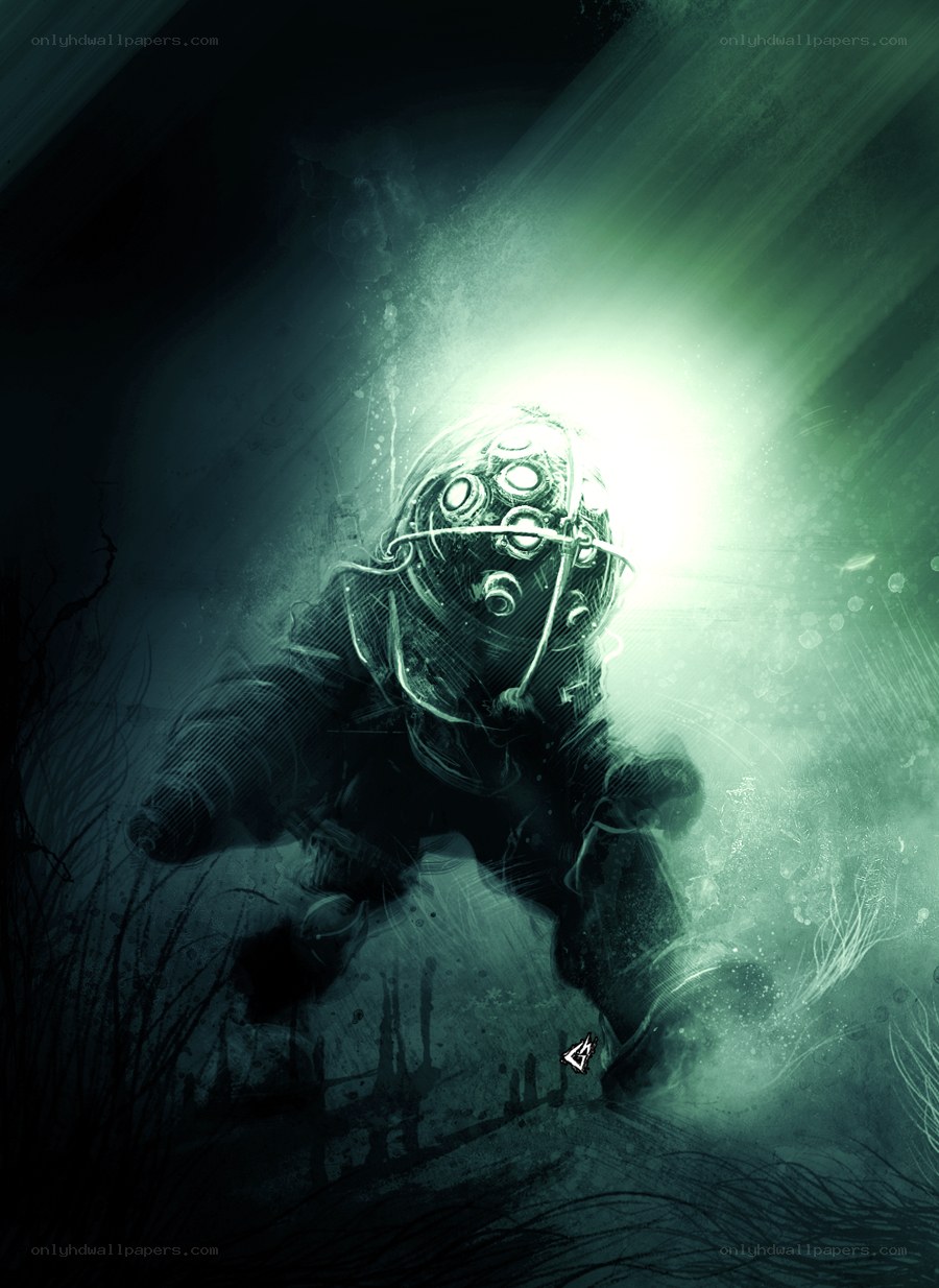 Underwater diver in green light