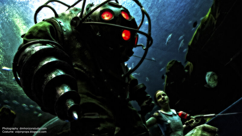 Underwater diver with red lights