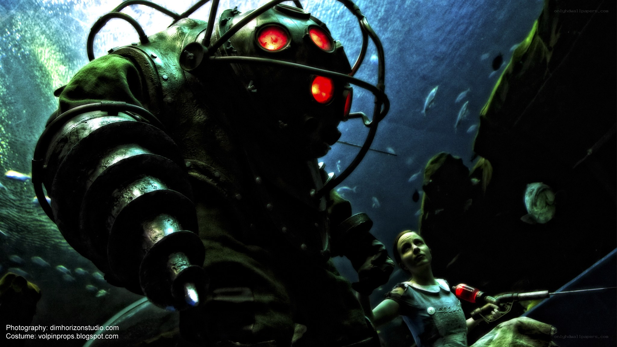 Underwater diver with red lights