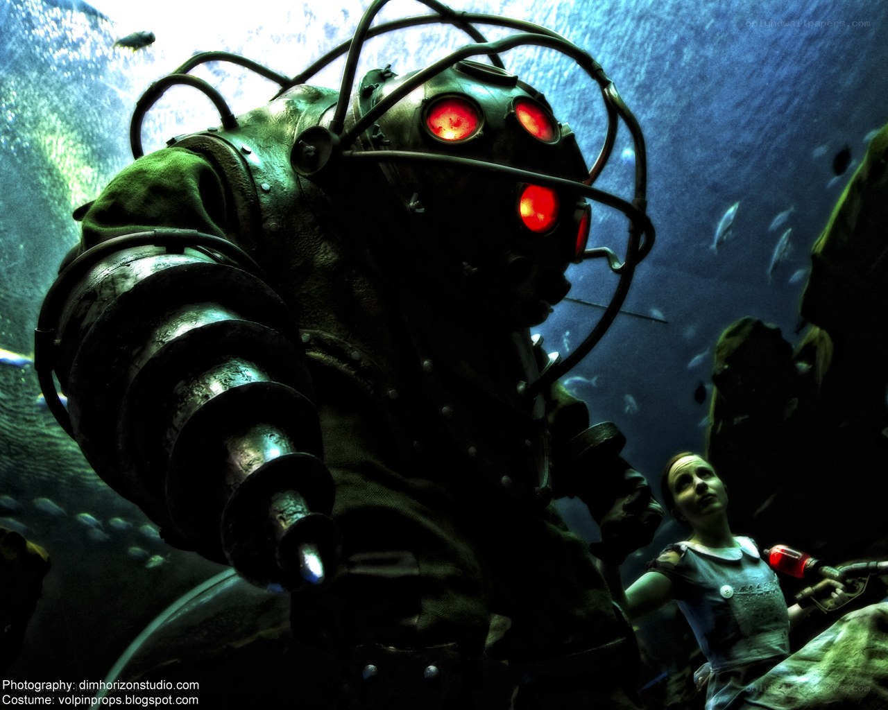 Underwater diver with red lights