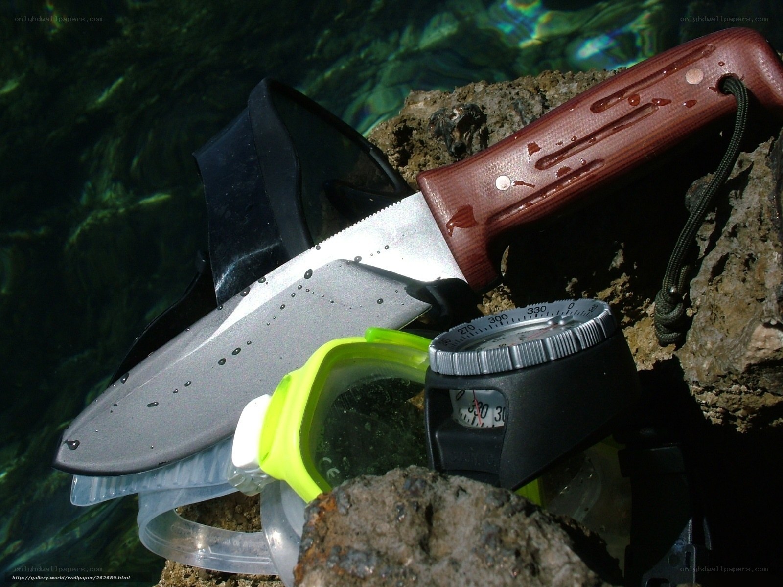 Underwater diving gear on rocks