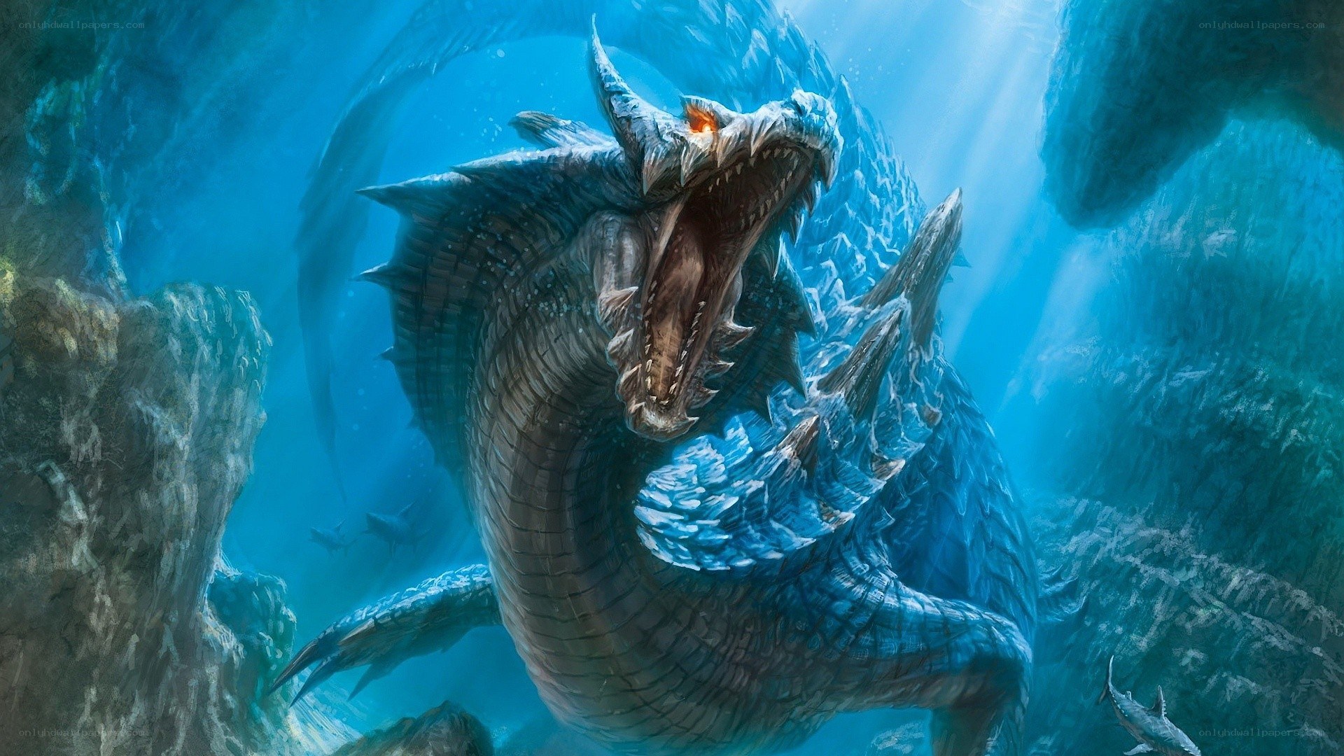 Underwater dragon in cave