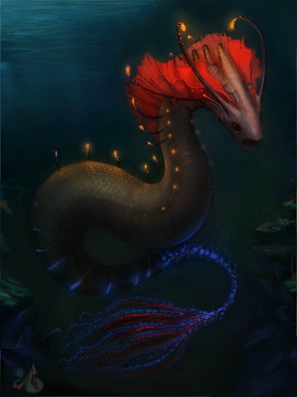 Underwater dragon with glowing fins