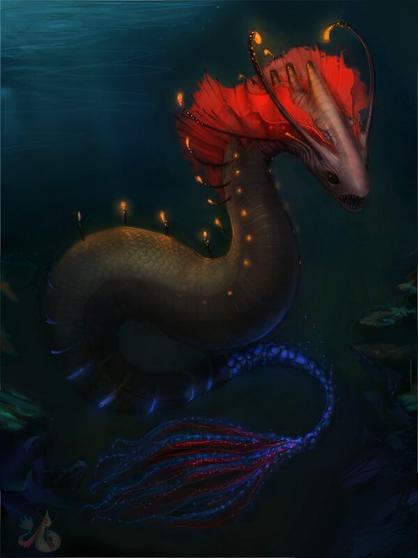 Underwater dragon with glowing fins