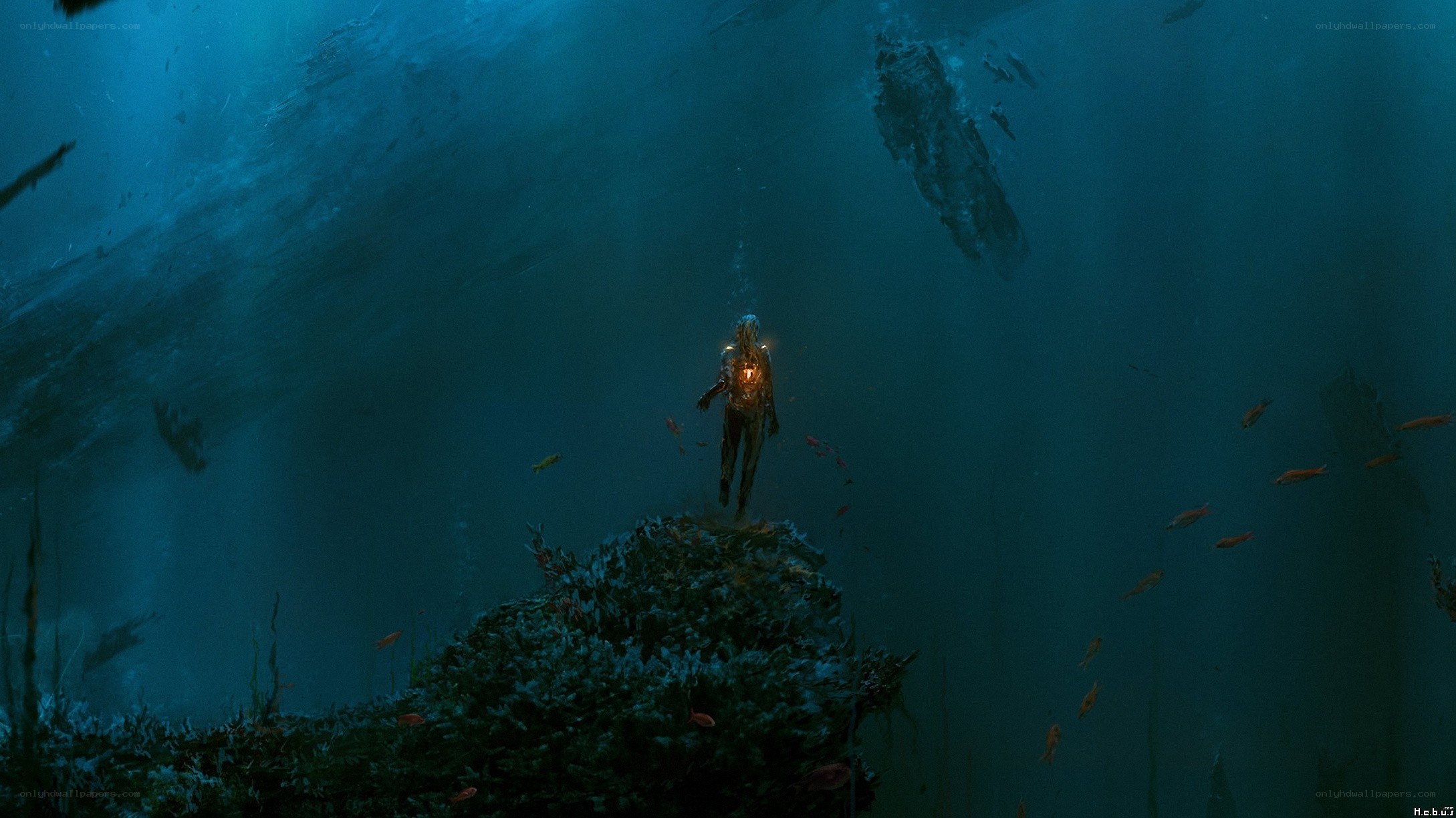 Underwater explorer with glowing core