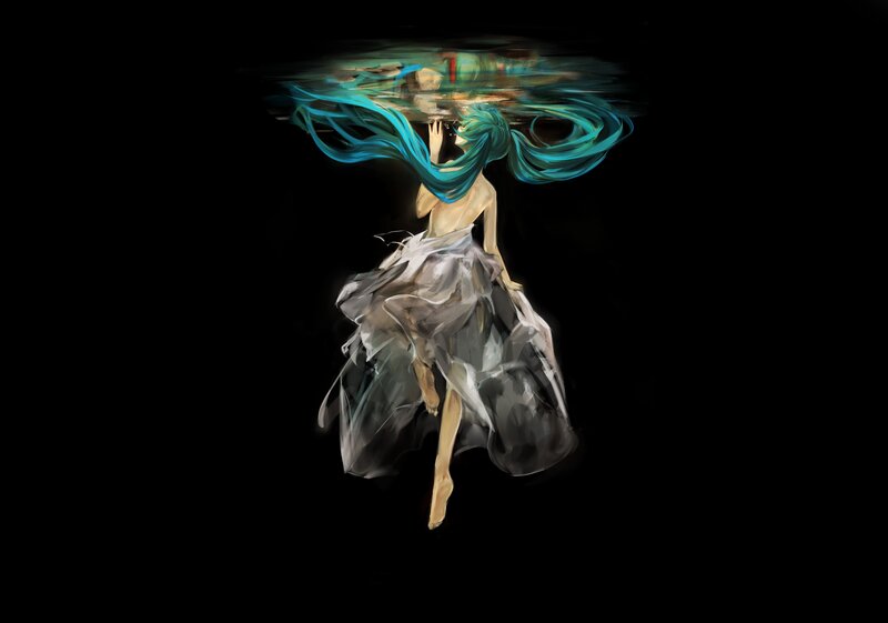 Underwater figure with blue hair
