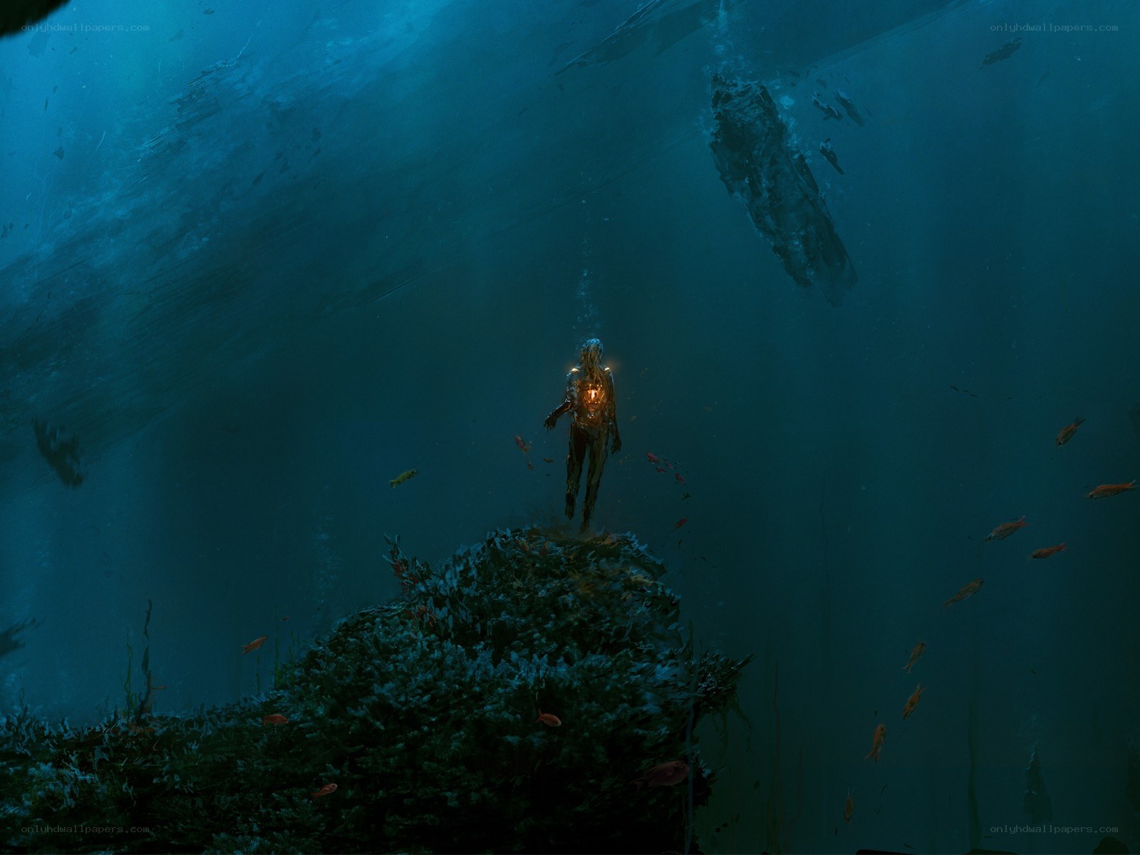 Underwater figure with glowing core