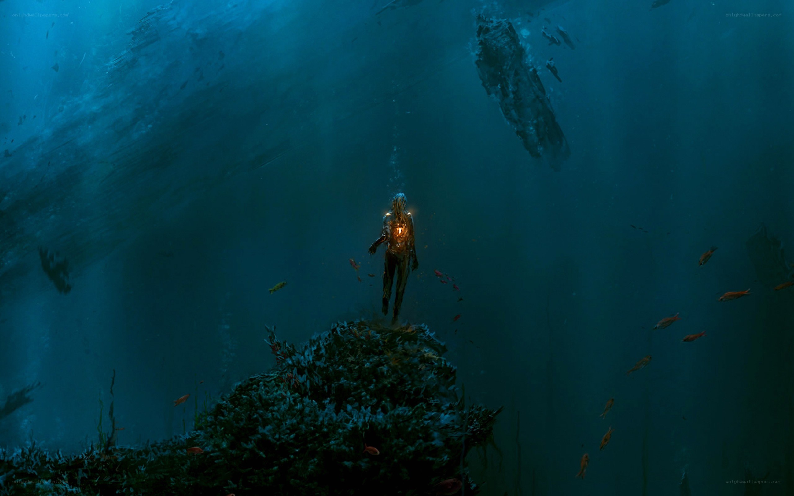 Underwater figure with glowing core