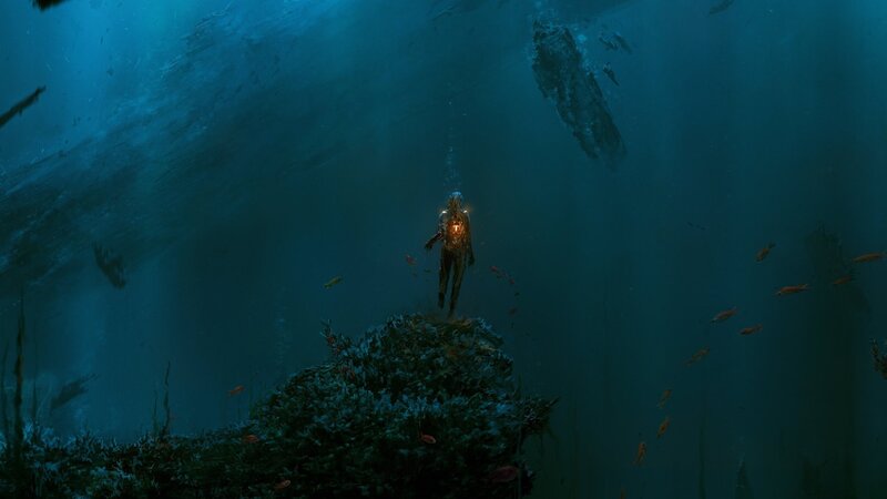 Underwater figure with glowing core