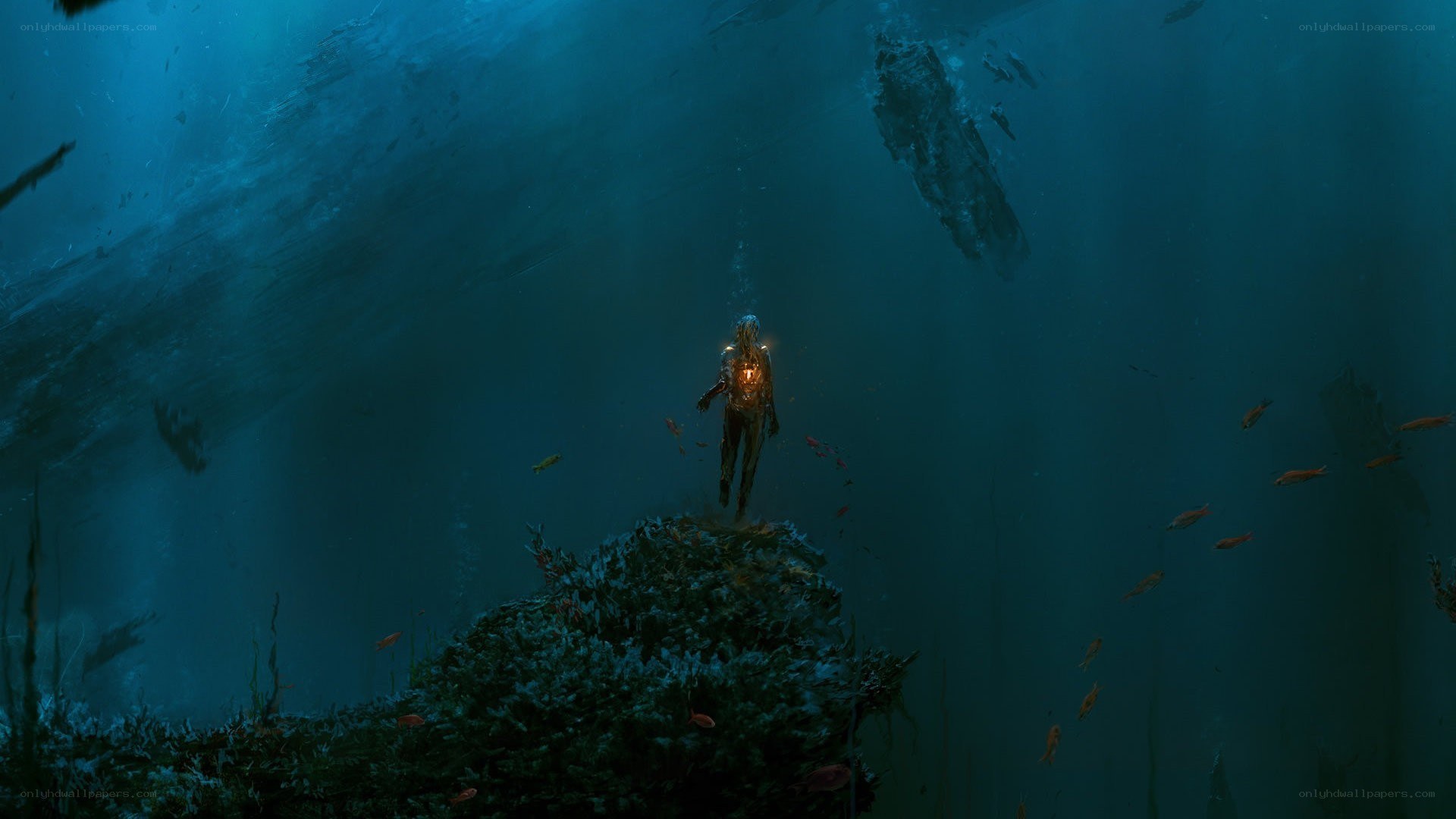 Underwater figure with glowing core