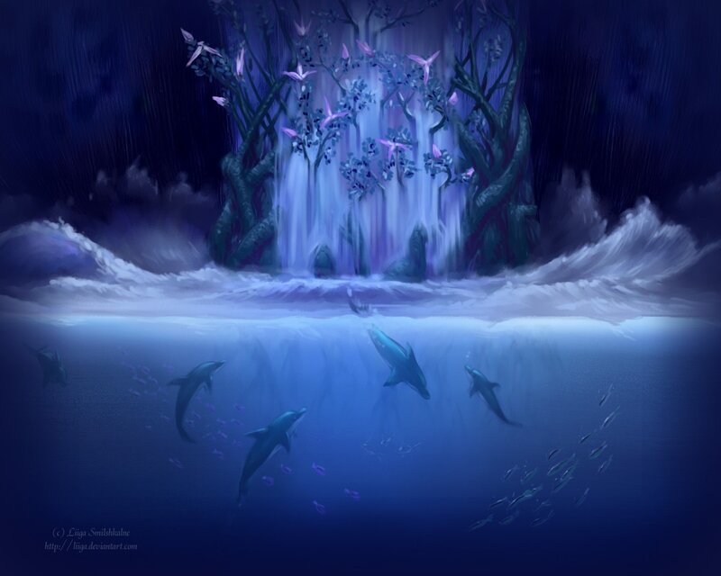 Underwater forest with dolphins