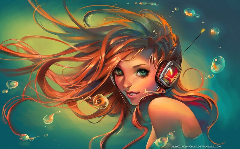 underwater girl with headphones