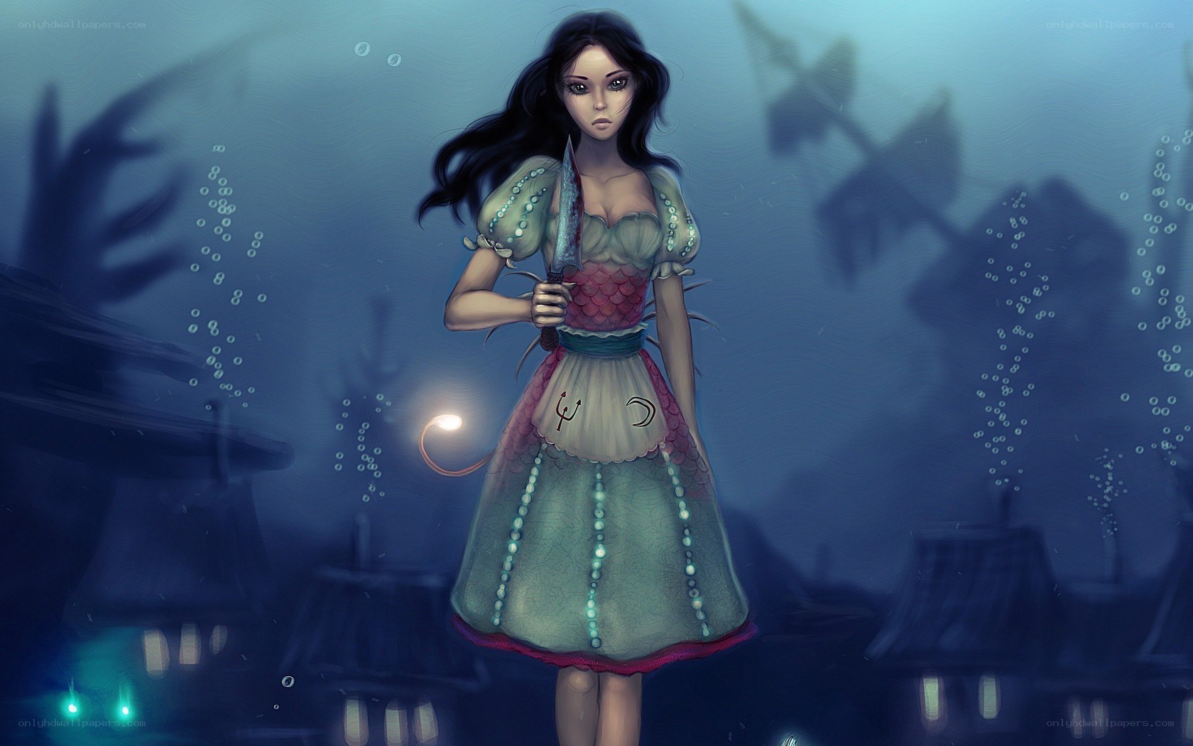 Underwater girl with knife