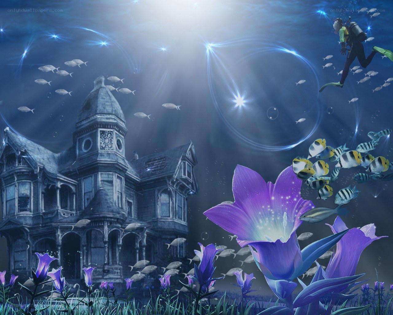 Underwater mansion with diver