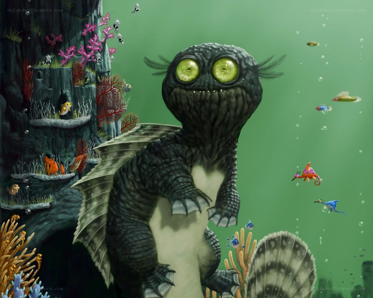 Underwater monster with glowing eyes
