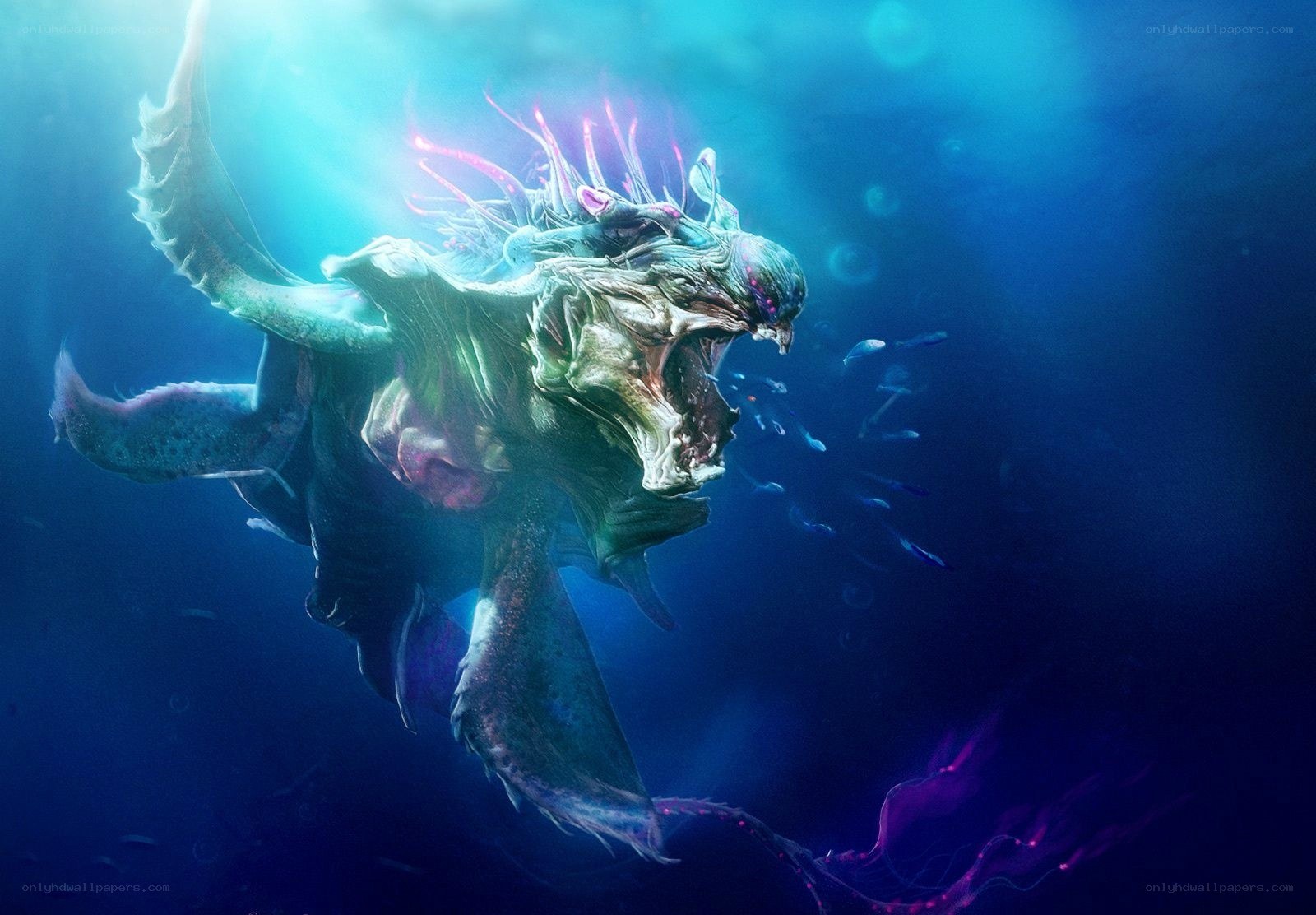 Underwater monster with glowing tentacles