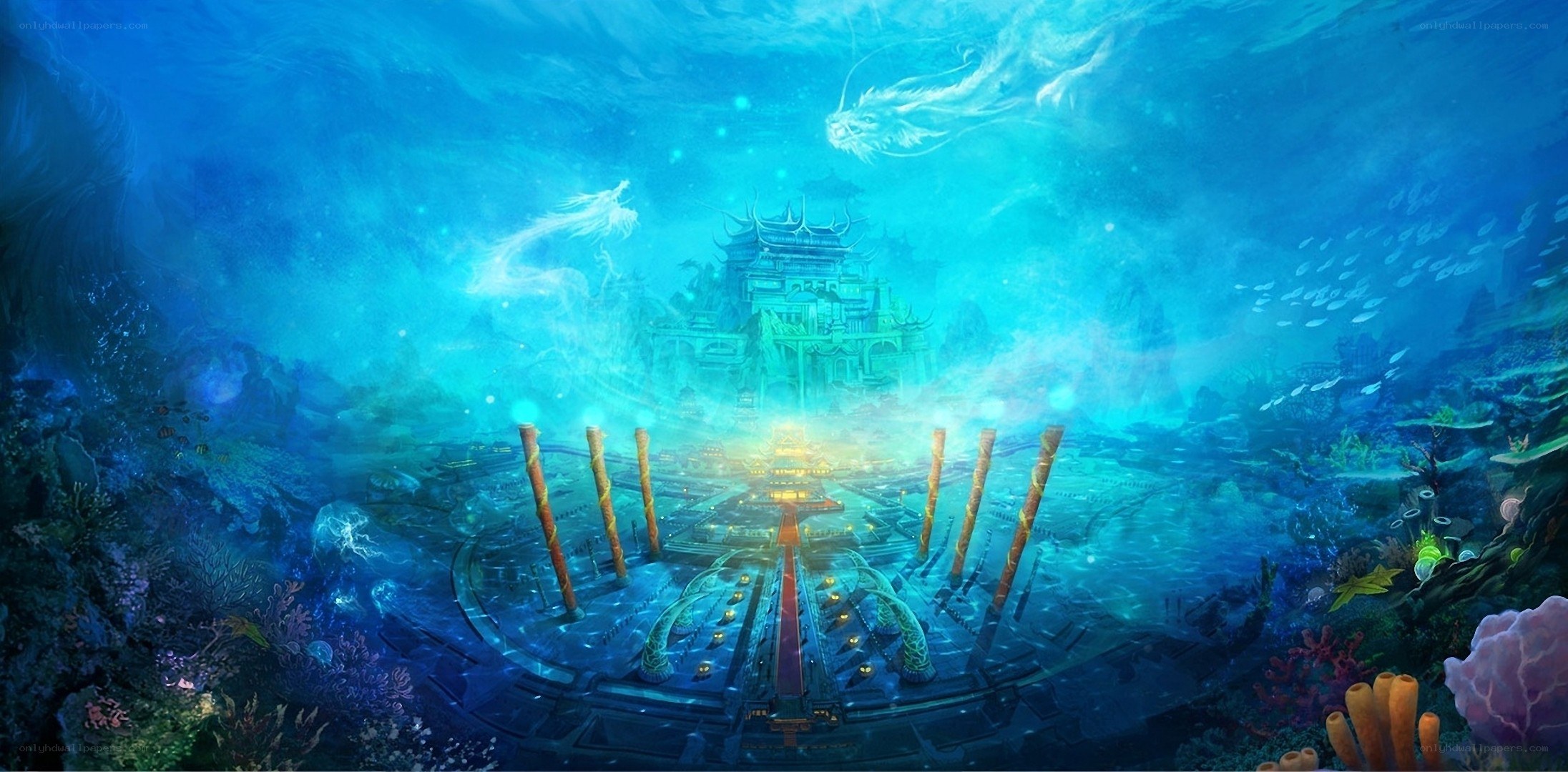 Underwater palace with dragons