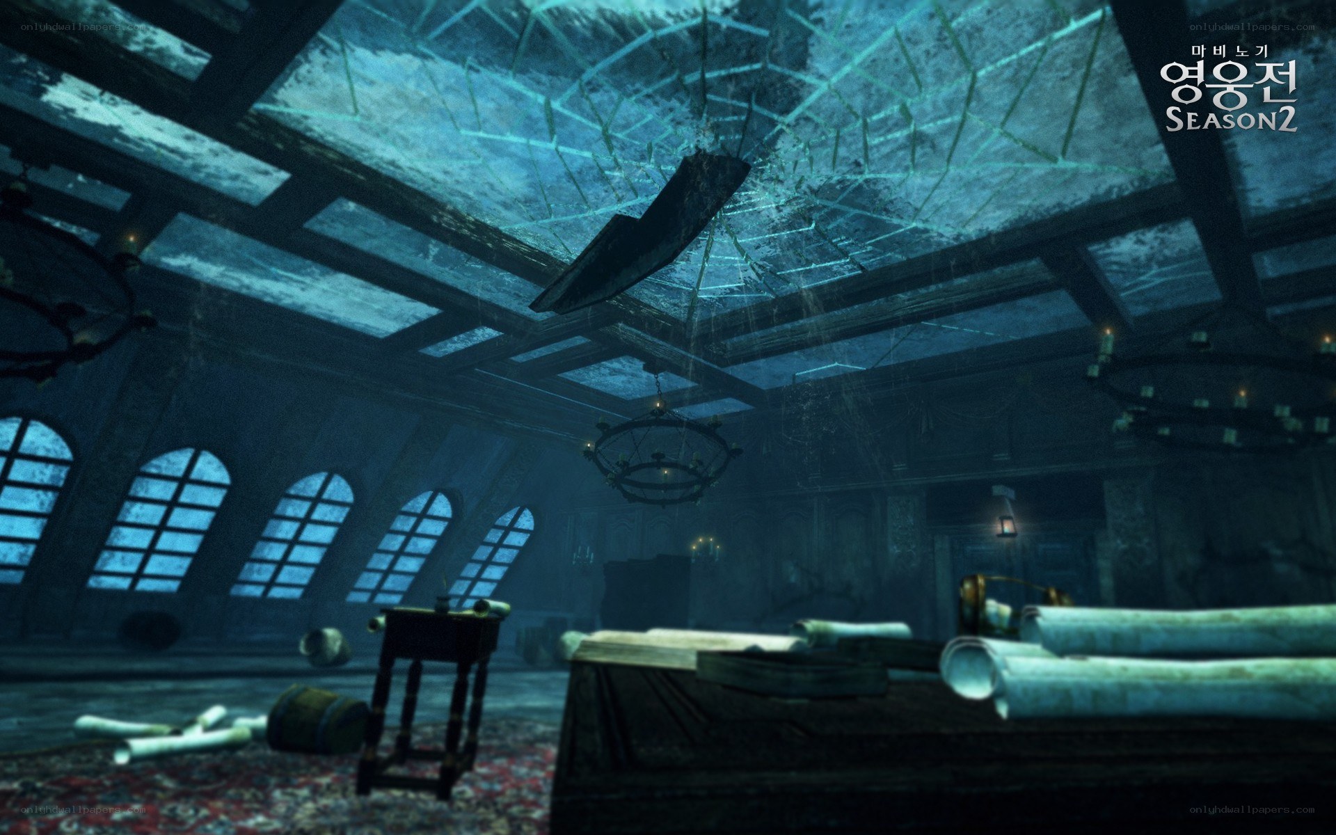 underwater room with broken ceiling