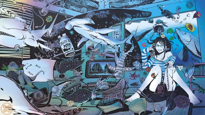 underwater room with girl and sharks