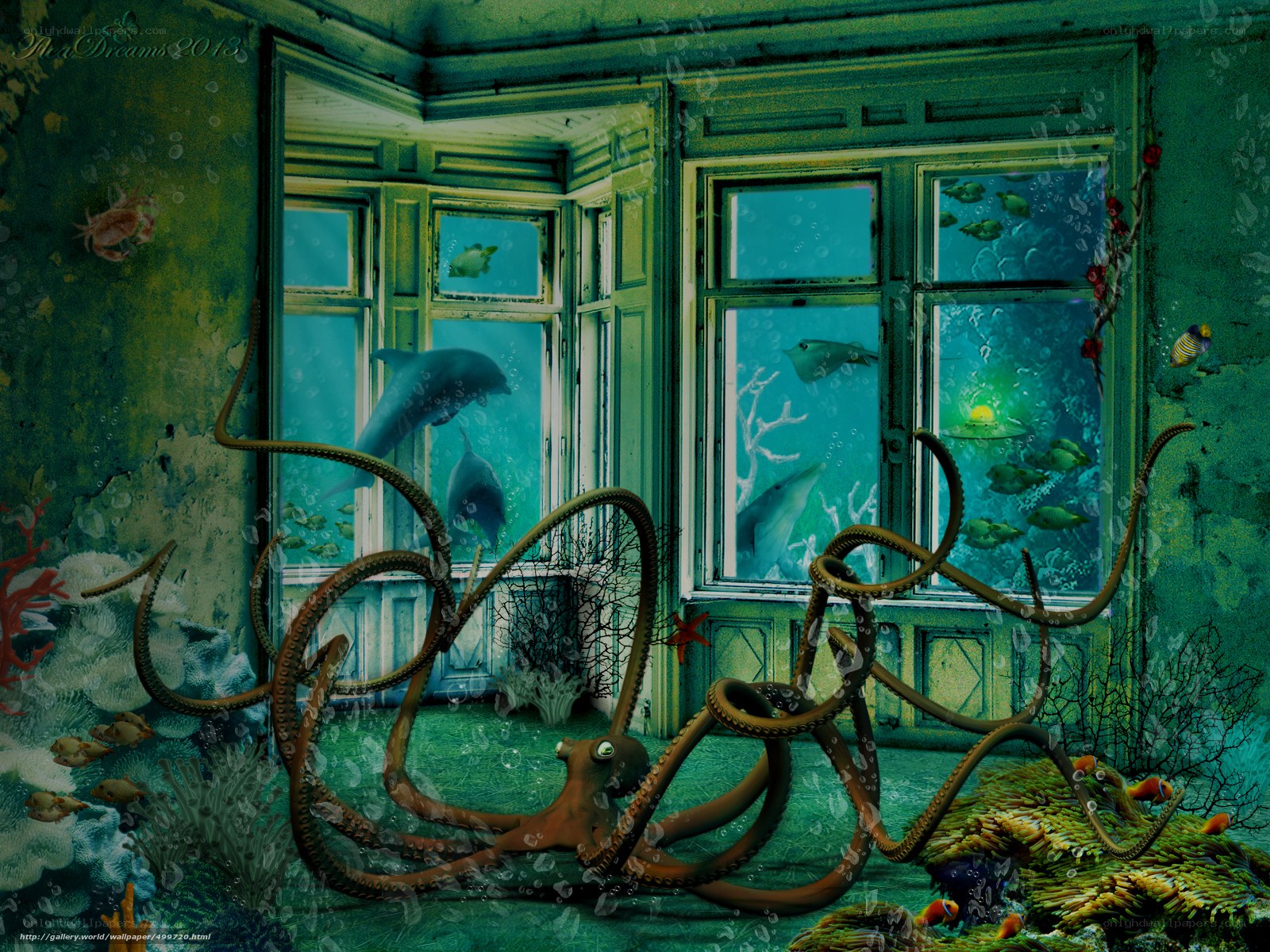 Underwater room with octopus