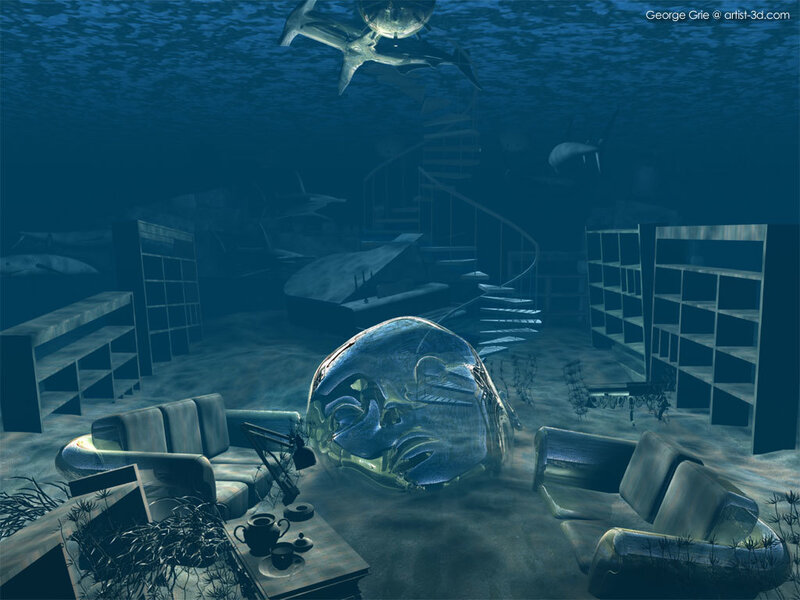 Underwater room with sharks