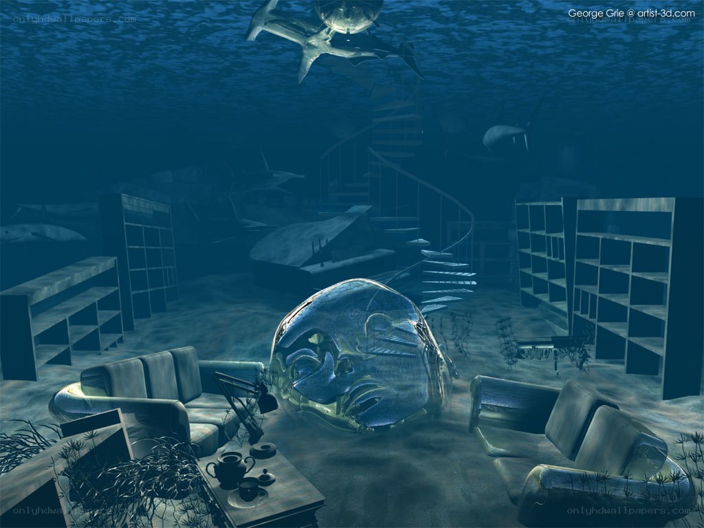 Underwater room with sharks