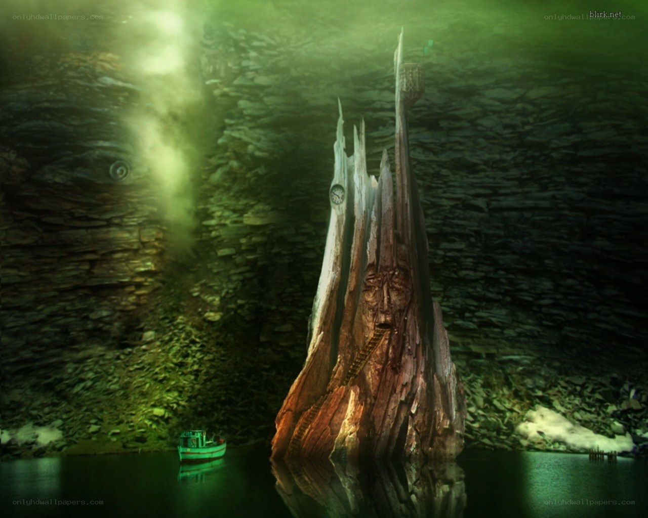 Underwater ruin with boat