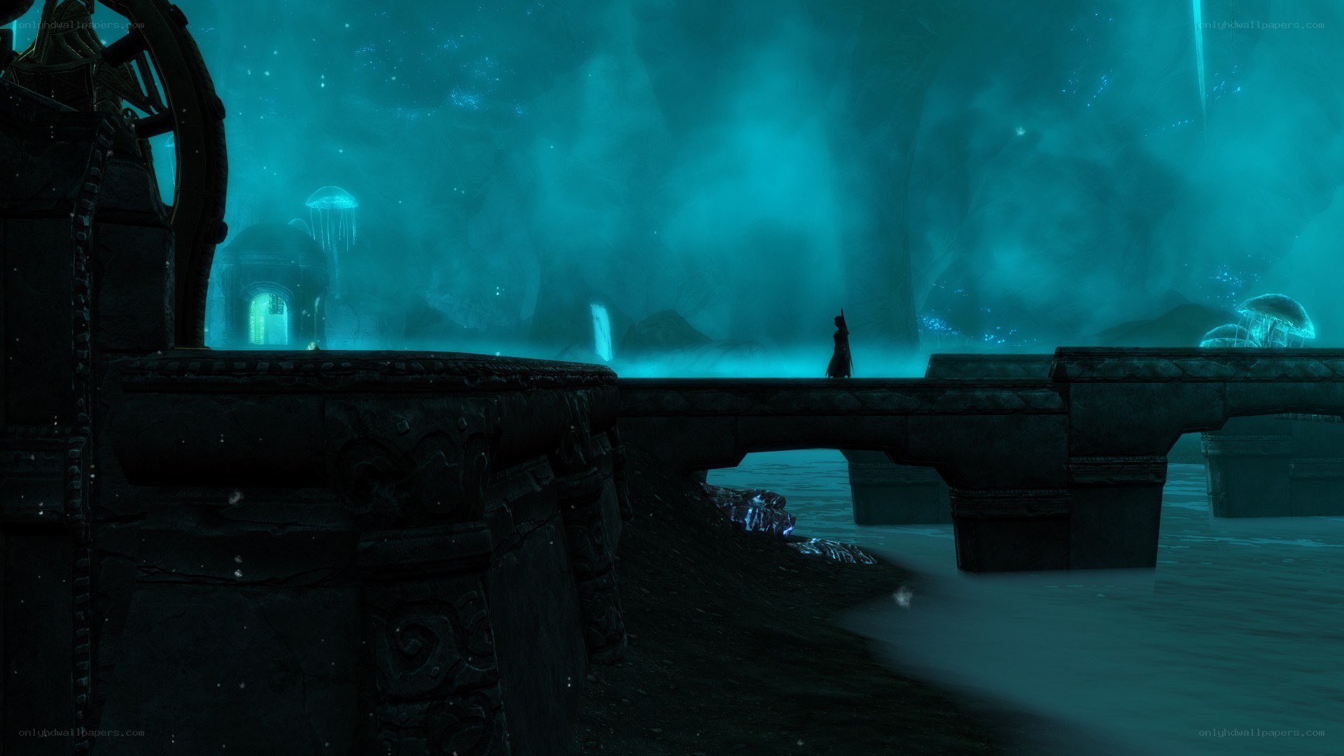 Underwater ruin with glowing jellyfish
