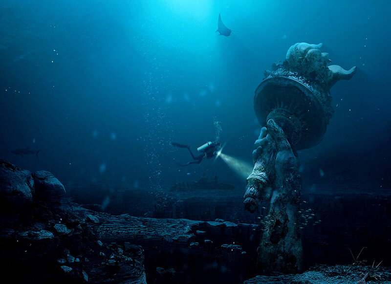 Underwater ruins and diver
