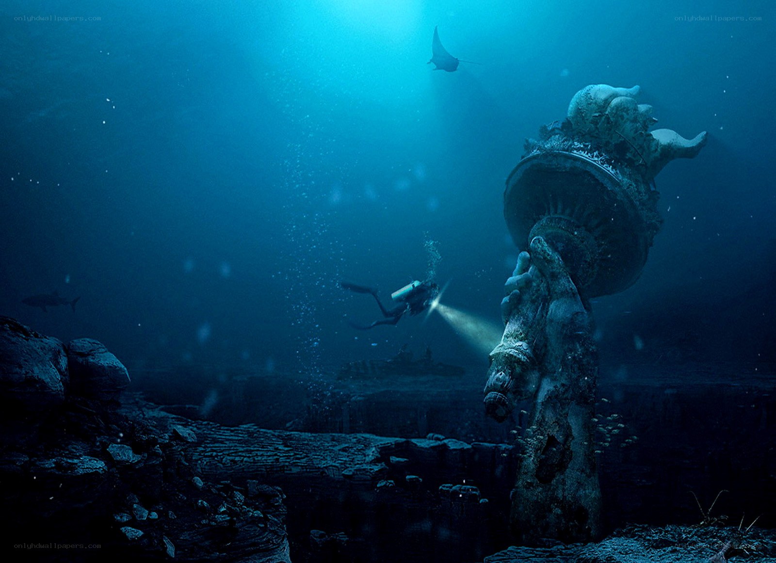 Underwater ruins and diver