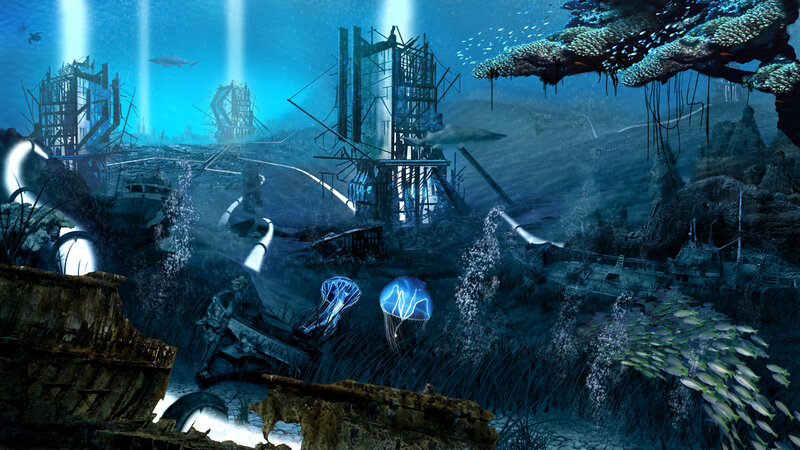 Underwater ruins and marine life