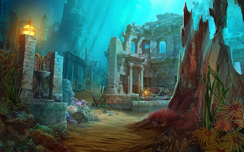 Underwater Ruins — Blue, Mysterious, Digital Art, Plants