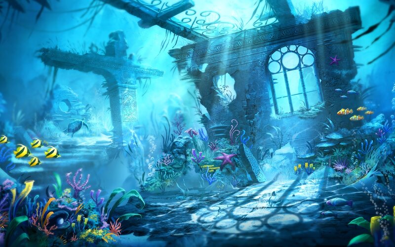 Underwater Ruins — Blue, Serene, Digital Art, Coral