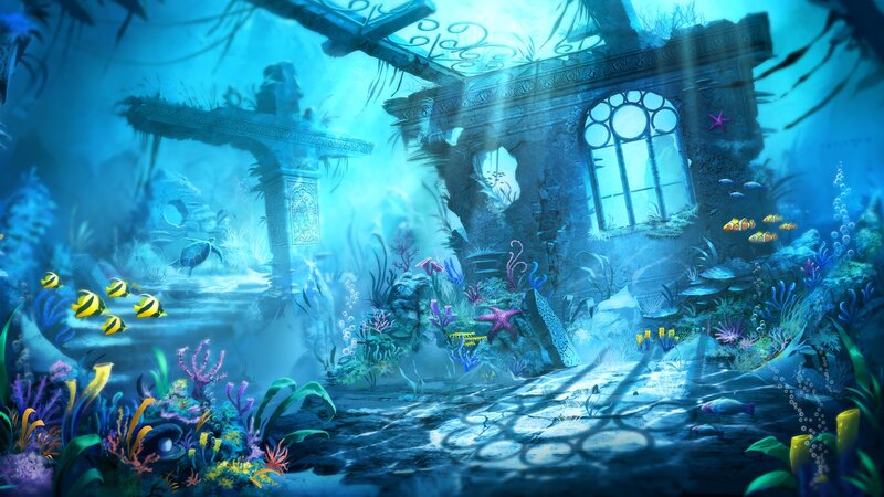 Underwater Ruins — Blue, Serene, Digital Art, Fish