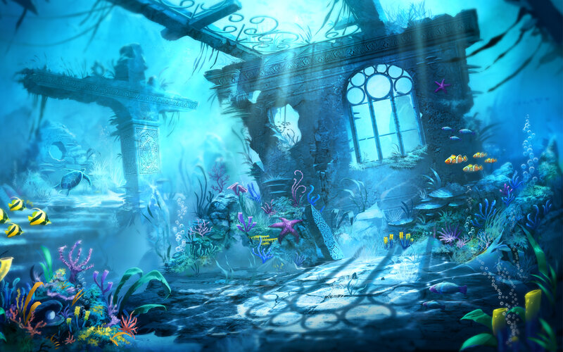 Underwater Ruins — Blue, Serene, Digital Art