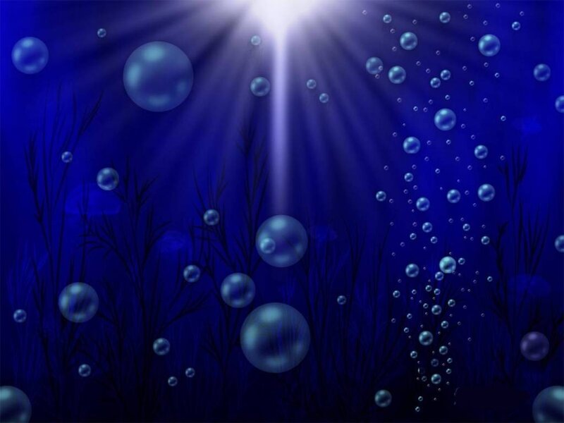 Underwater Scene with Bubbles — Blue, Serene, Digital Art, Seaweed, Light Rays