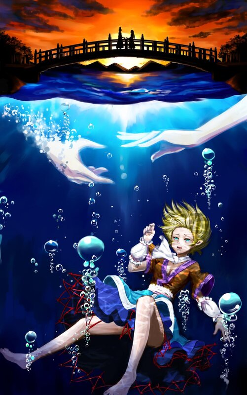 Underwater scene with girl and bridge