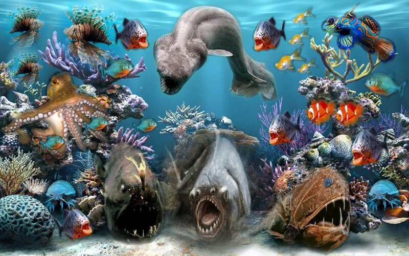 Underwater scene with prehistoric fish