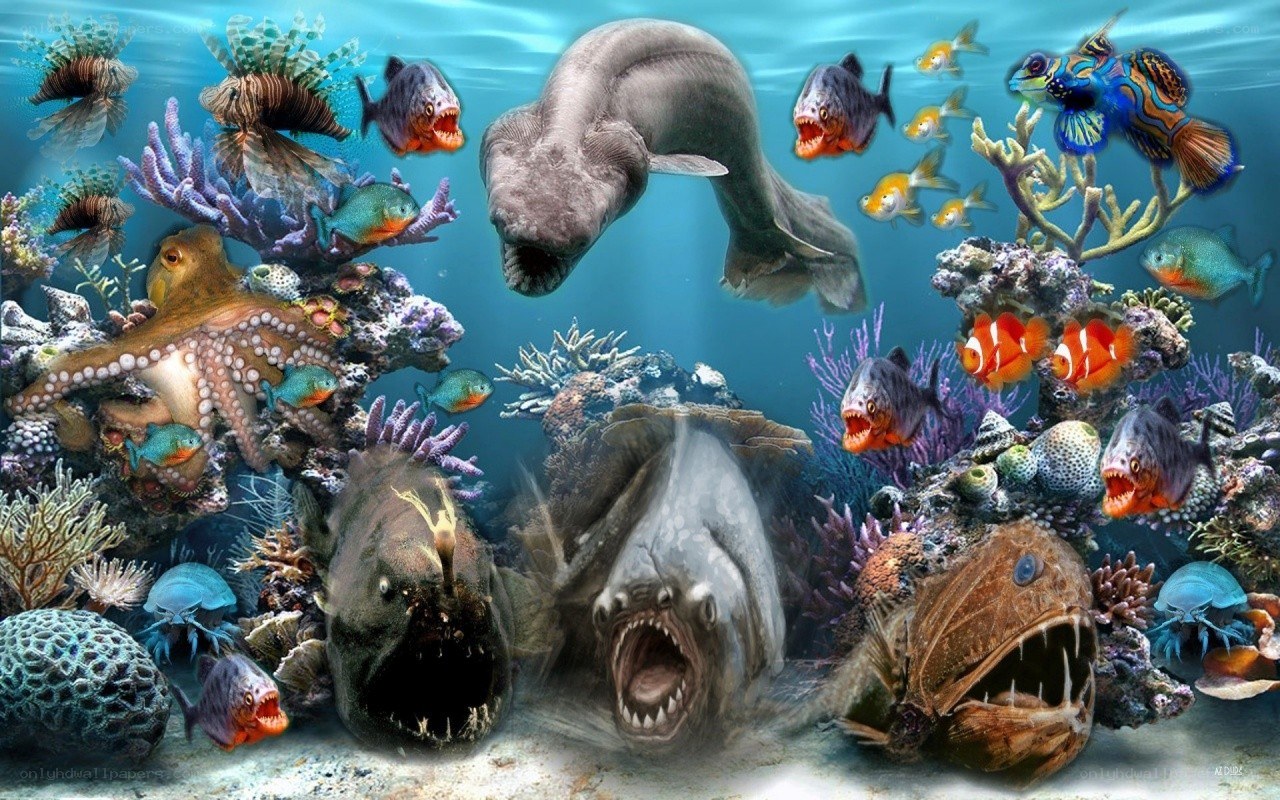 Underwater scene with prehistoric fish