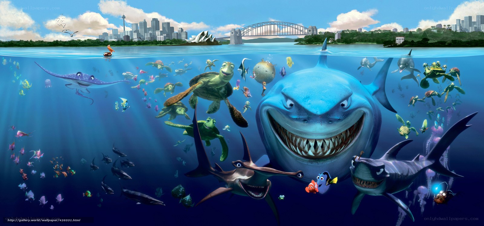 Underwater scene with sharks and fish