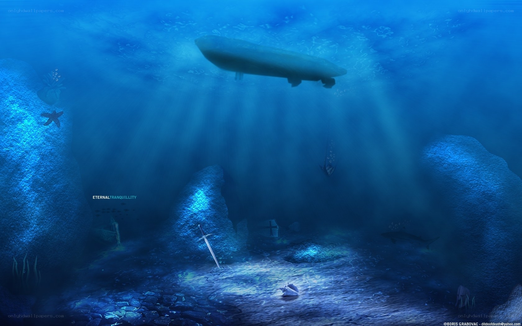 Underwater shipwreck scene