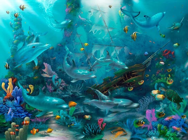 Underwater shipwreck with dolphins