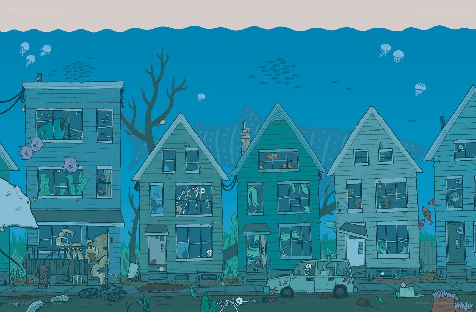 Underwater suburban neighborhood