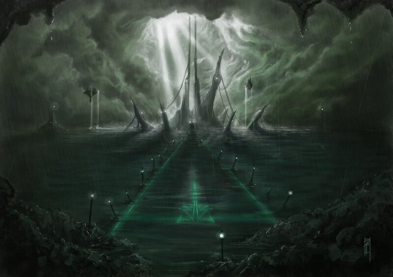 Underwater temple in storm