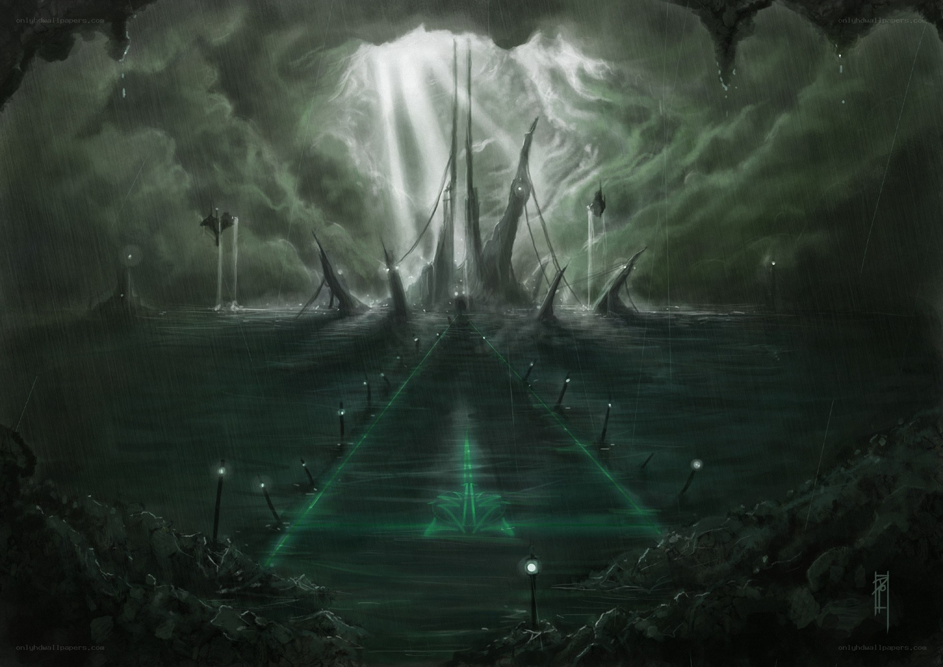 Underwater temple in storm