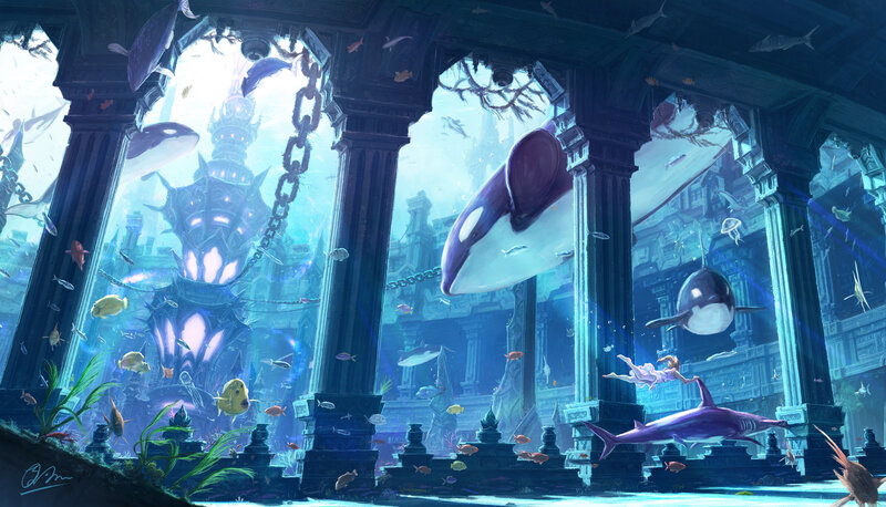 Underwater Temple Ruins — Blue, Serene